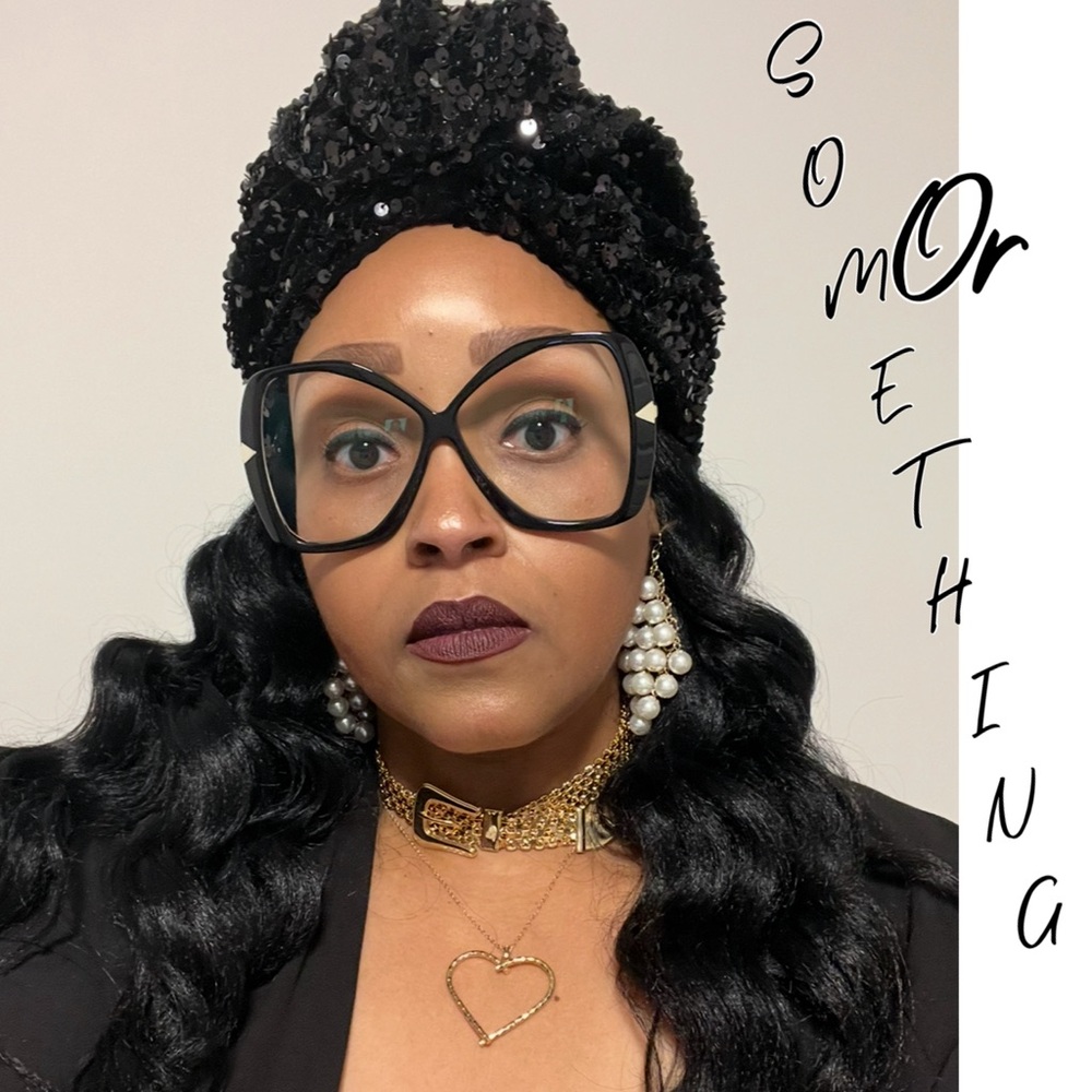 Black Sequin Turban with Pearl Earrings